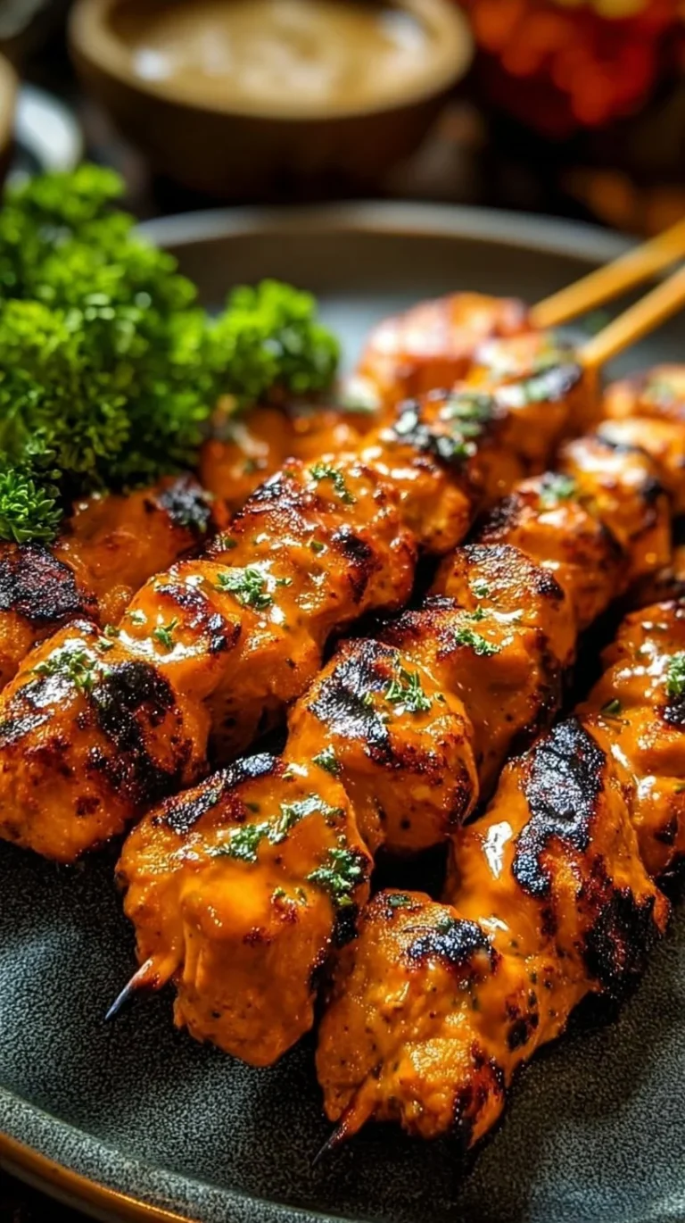 Delicious Bang Bang Chicken Skewers served on a plate