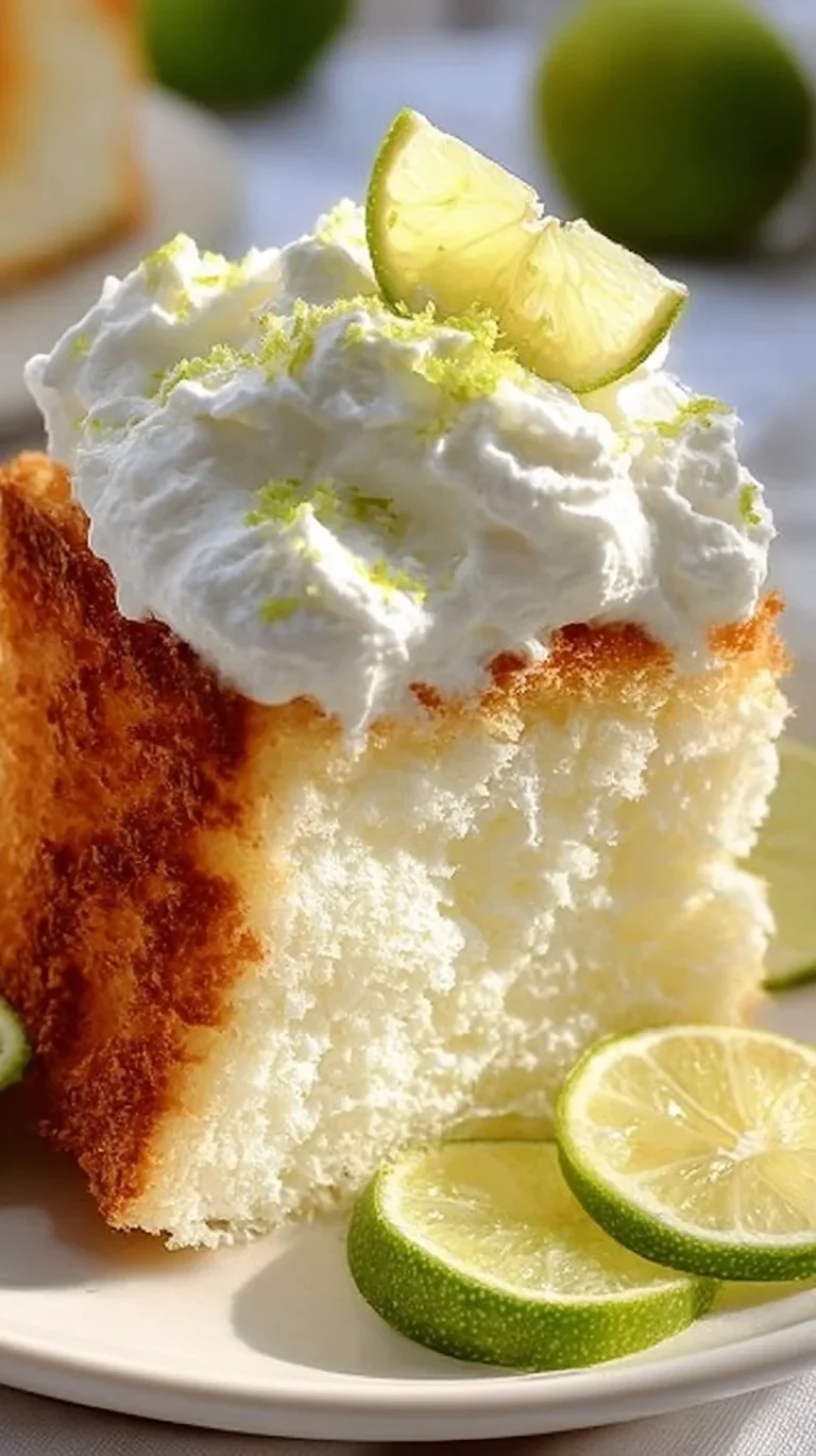 Slice of Key Lime Angel Food Cake topped with lime zest and whipped cream.