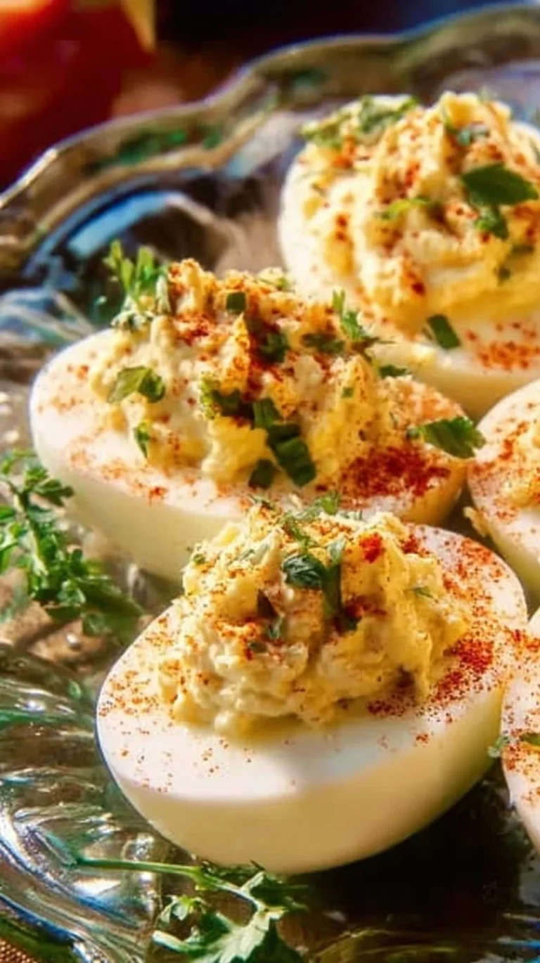 A plate of flavorful Cajun Deviled Eggs garnished with spices and herbs.
