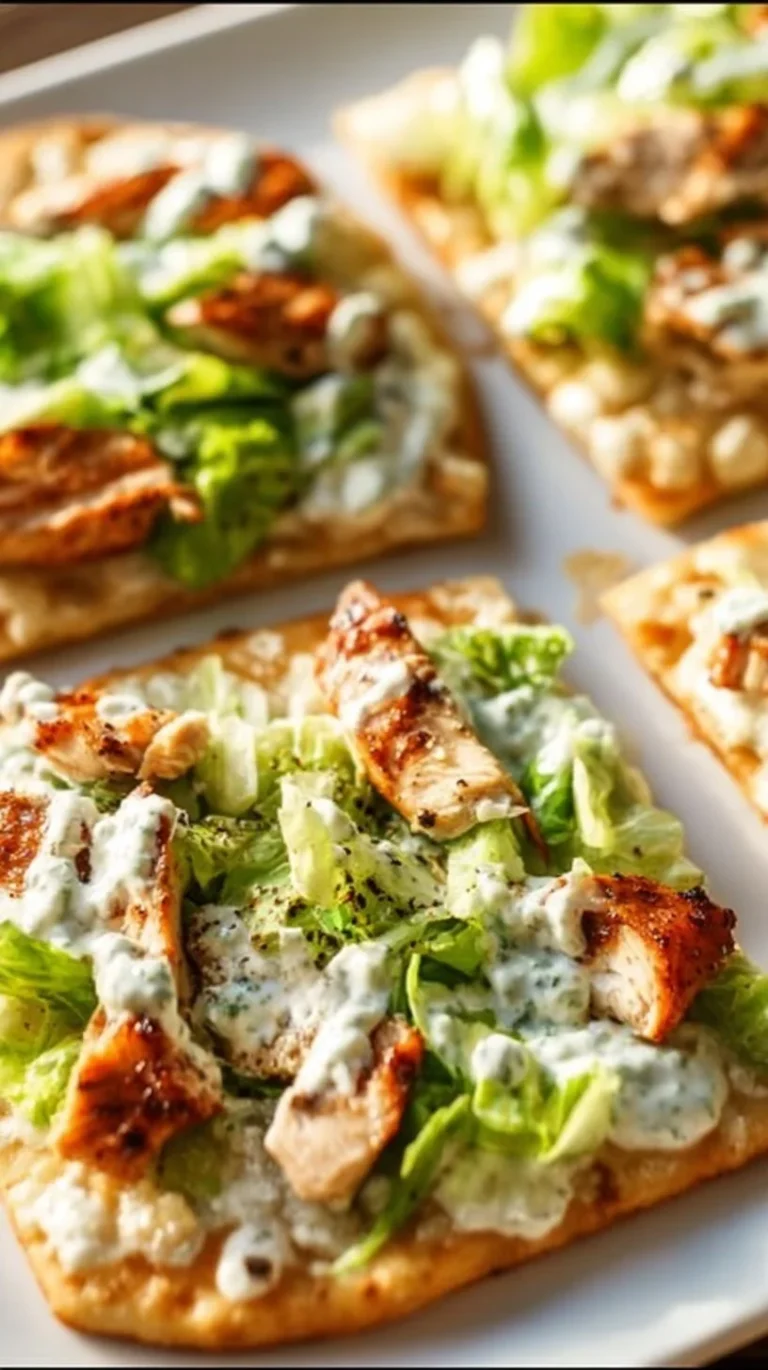 Delicious Chicken Caesar Flatbread topped with grilled chicken and fresh greens