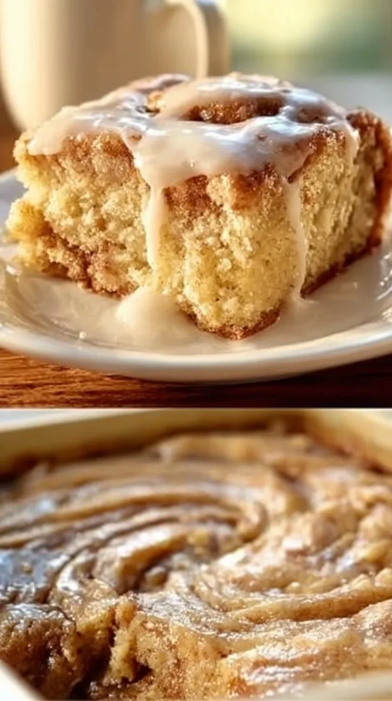 A delectable slice of cinnamon roll cake topped with icing, showcasing swirls of cinnamon.