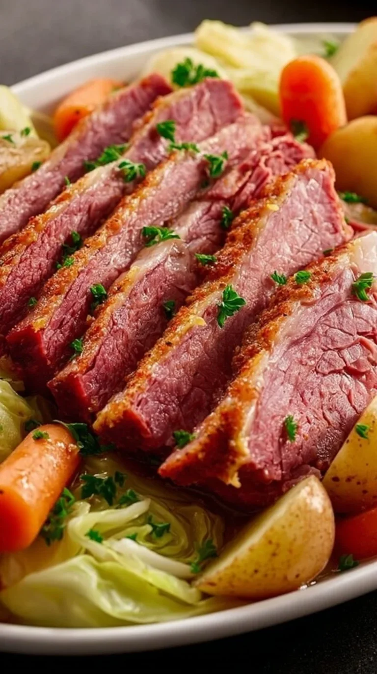 Corned beef served with cabbage and colorful vegetables on a plate