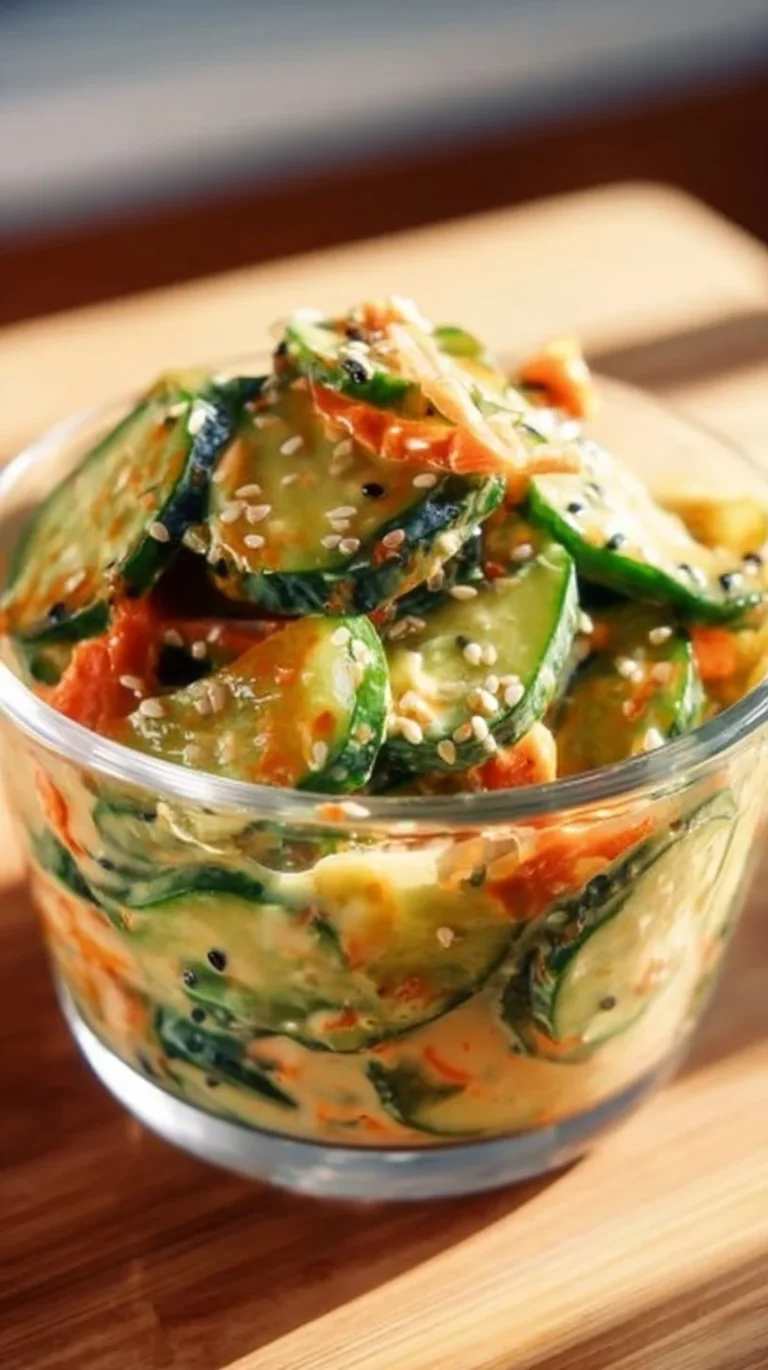Creamy Asian cucumber salad bowl with fresh ingredients