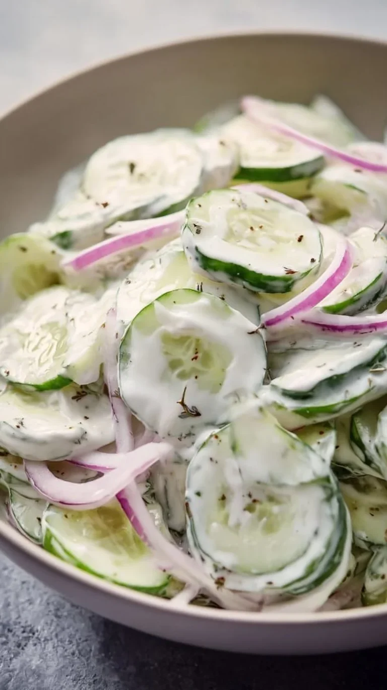 Creamy cucumber salad with sour cream in a bowl, garnished with fresh herbs.