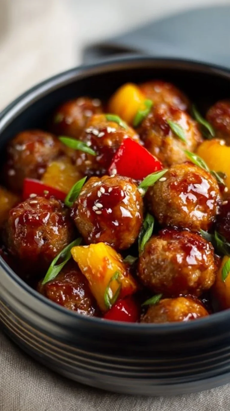 Crockpot Pineapple Teriyaki Meatballs served with rice and garnish