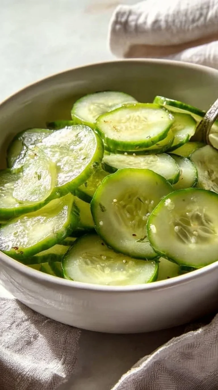Cucumber vinegar salad served in a bowl with fresh herbs