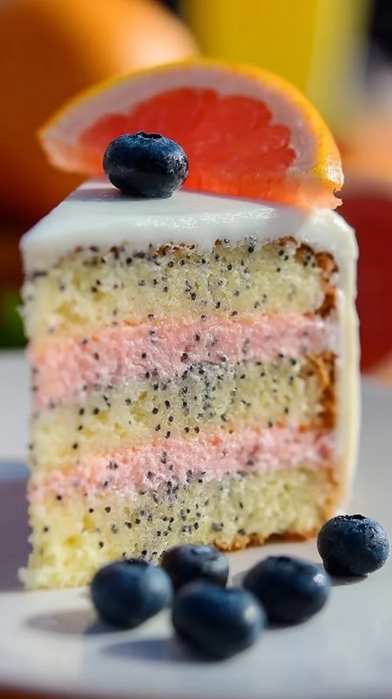 Slice of grapefruit poppy seed cake on a white plate with grapefruit slices