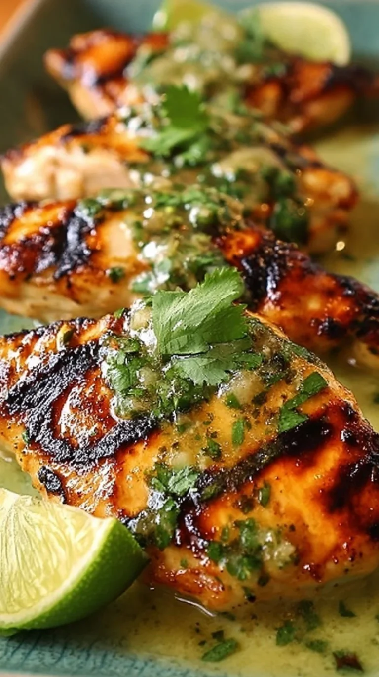Grilled salsa verde chicken with melted pepper jack cheese and fresh herbs.