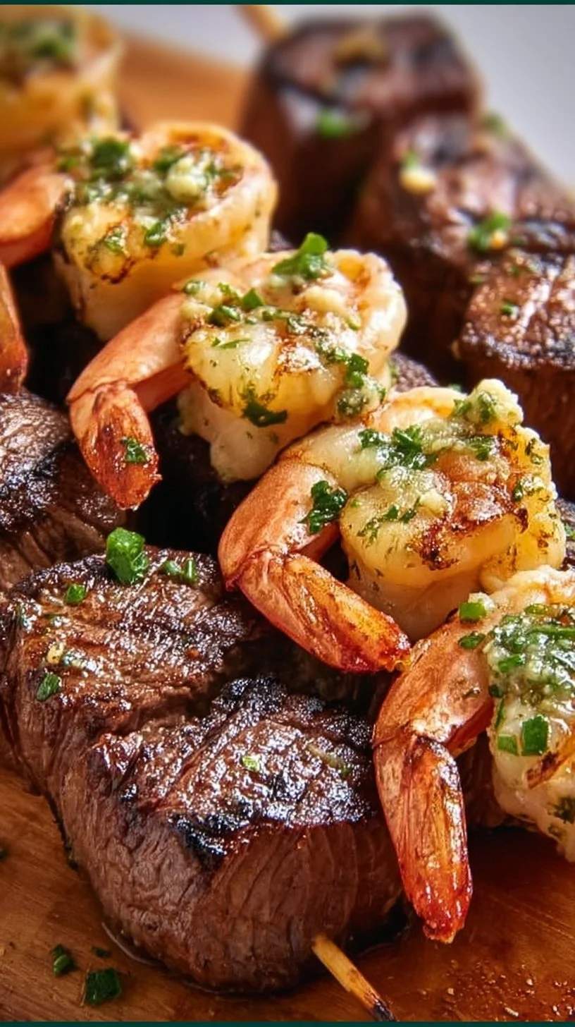 Grilled Steak and Shrimp Skewers with Garlic Butter