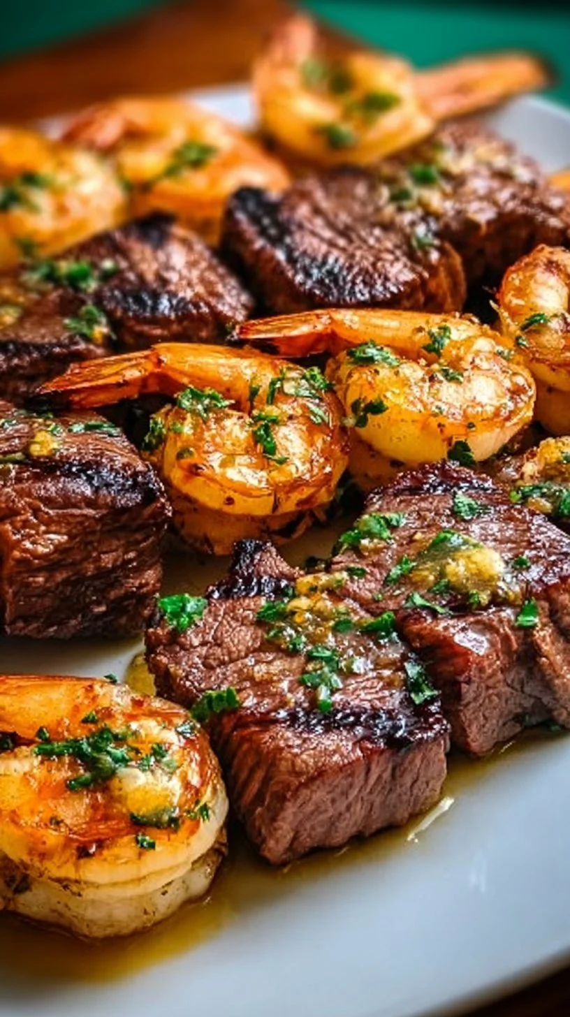 Grilled Steak and Shrimp Skewers with Garlic Butter