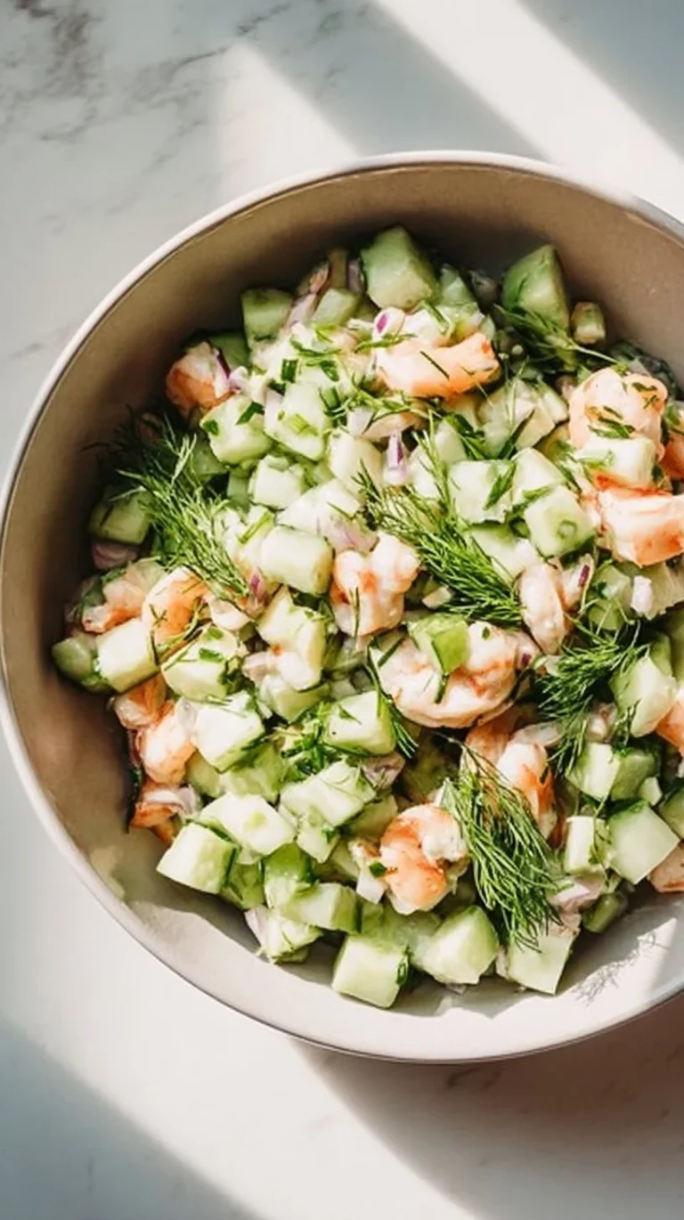Bowl of healthy cucumber shrimp salad with fresh vegetables and shrimp.