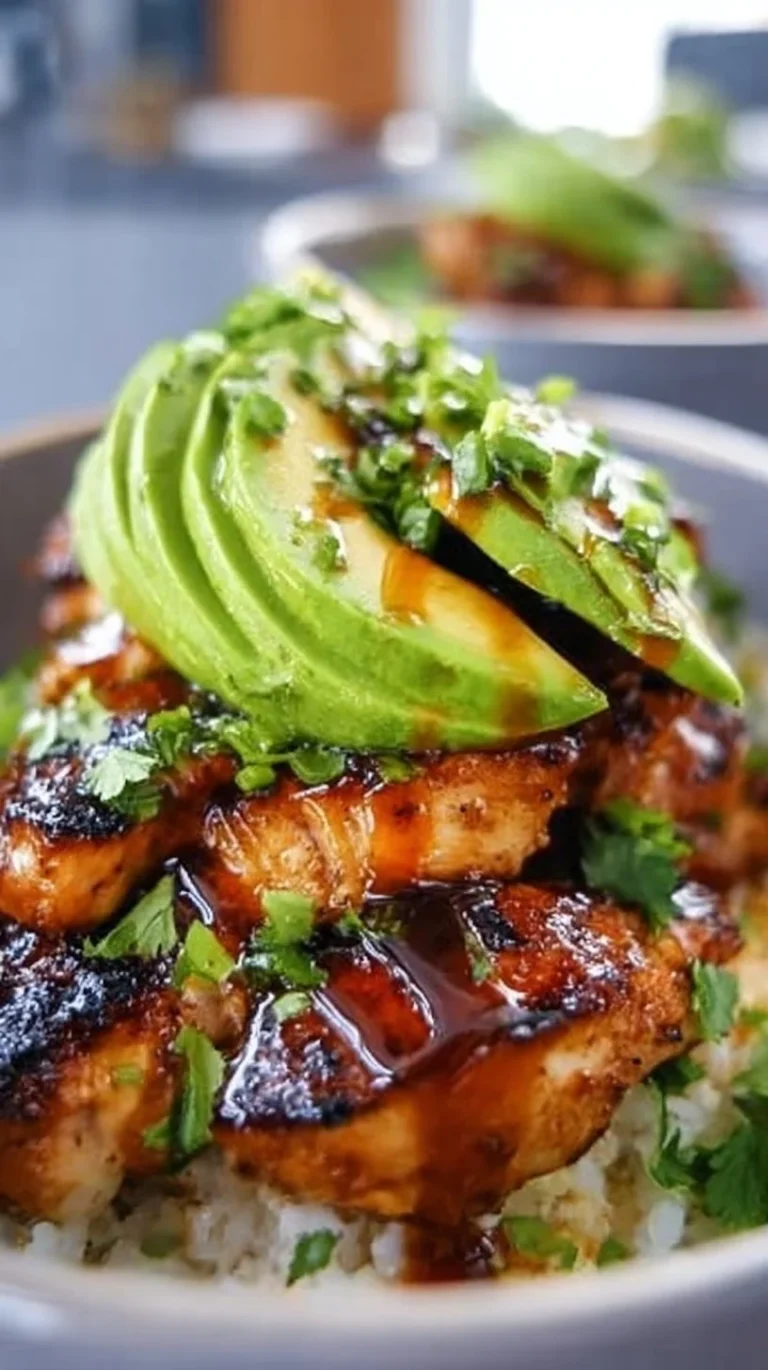 Plate of Honey Lime Chicken served with Avocado Rice Stack