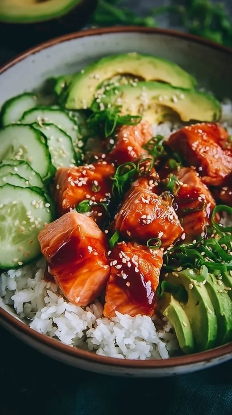 Delicious Honey Sriracha Salmon Bowls served with fresh vegetables