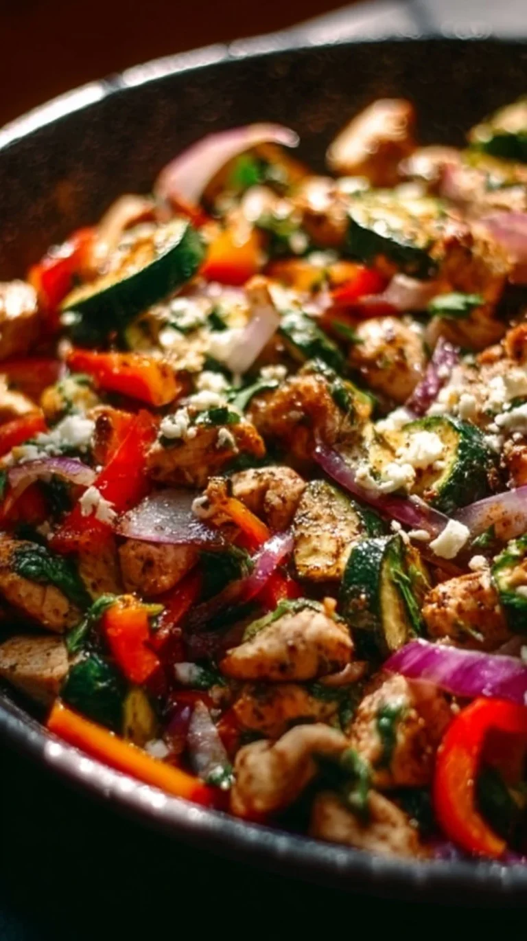 A colorful Mediterranean chicken stir fry with vegetables and herbs