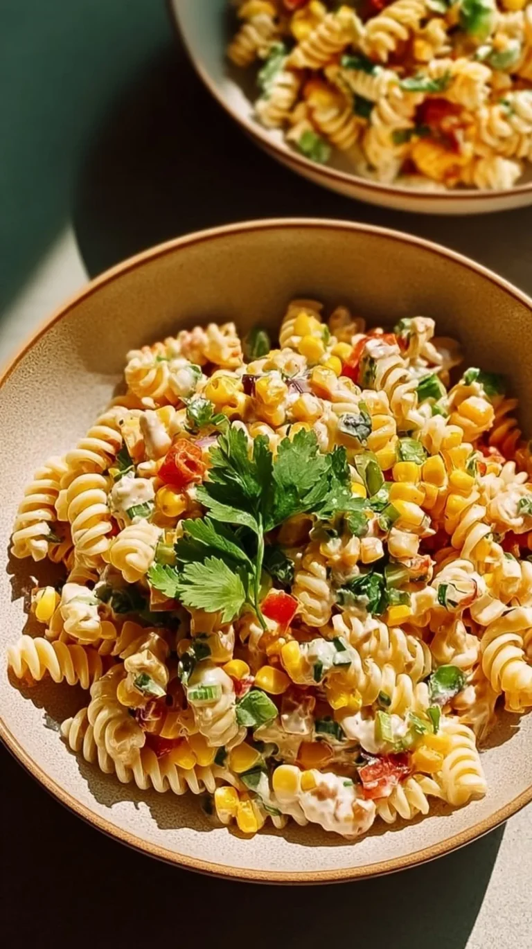 Bowl of colorful Mexican Street Corn Pasta Salad with fresh ingredients