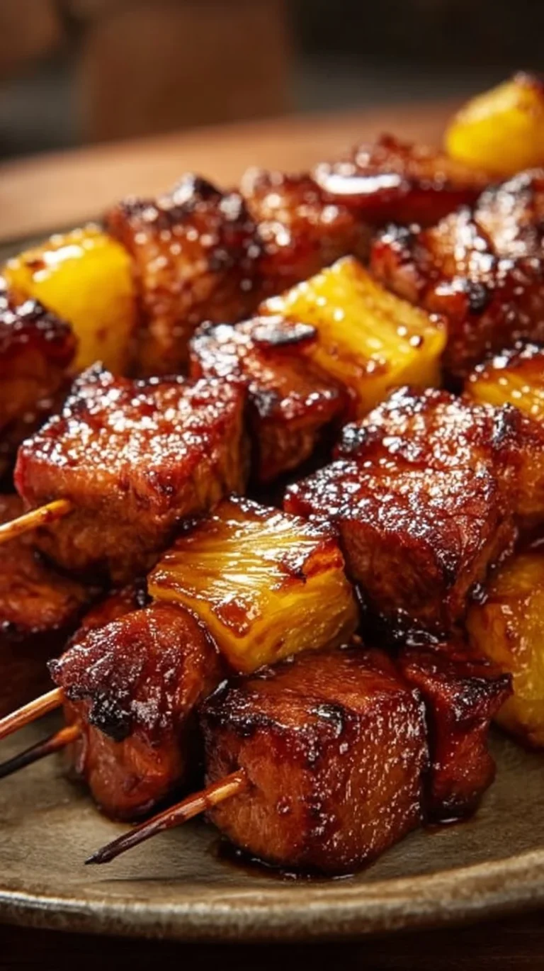 Pineapple BBQ Pork Skewers grilled to perfection, garnished with fresh herbs.