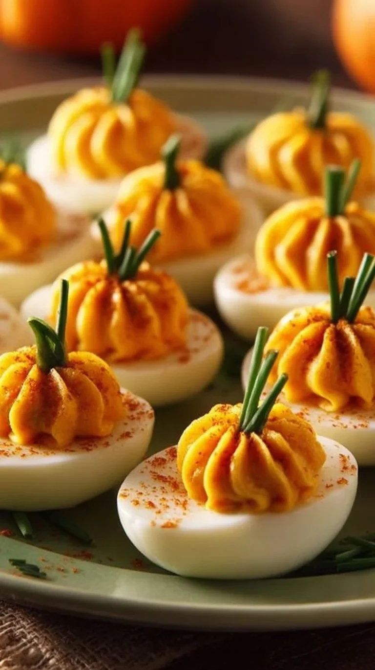 Pumpkin Patch Deviled Eggs decorated with pumpkin-themed design