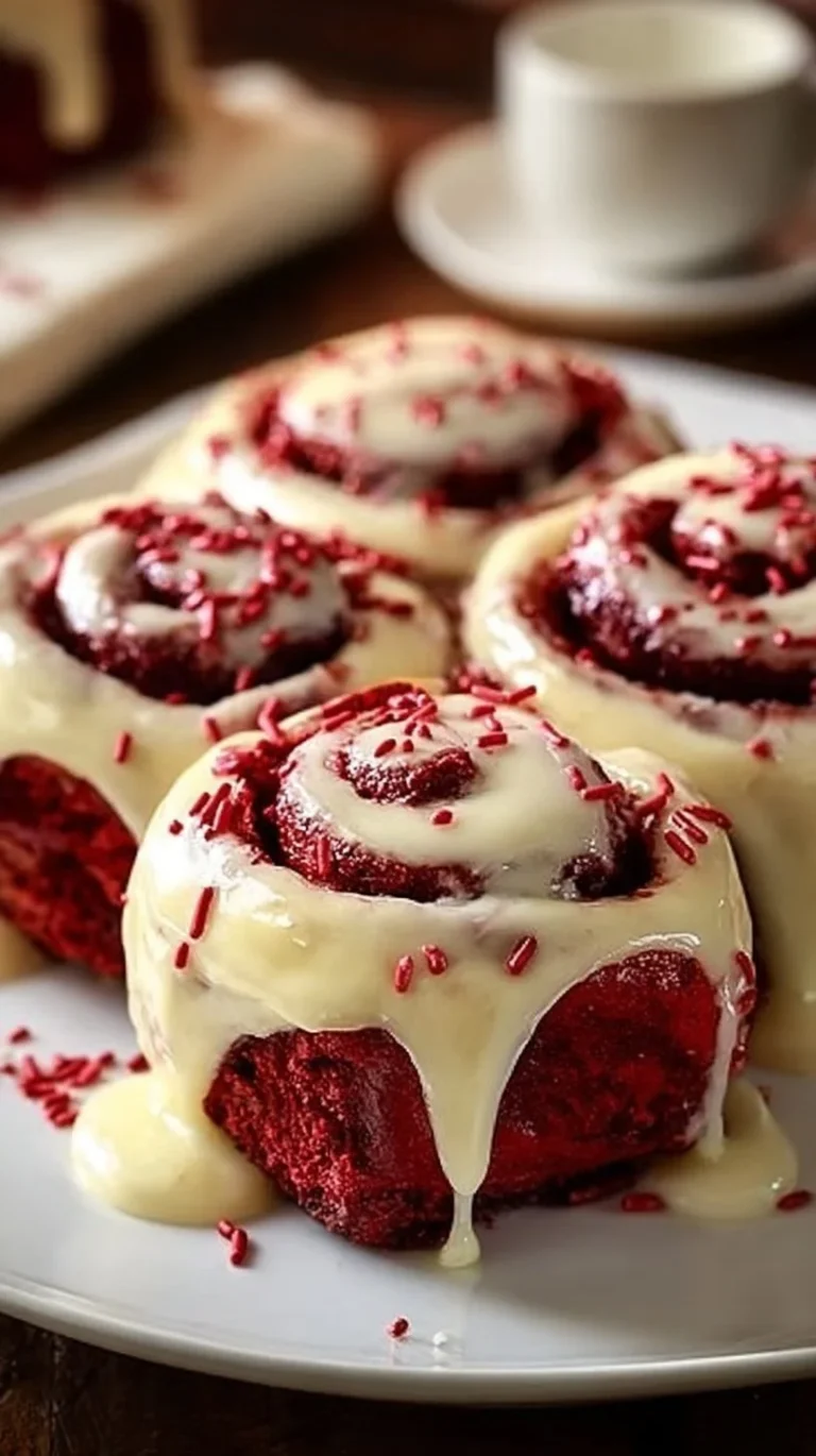 Delicious red velvet cinnamon rolls topped with cream cheese frosting