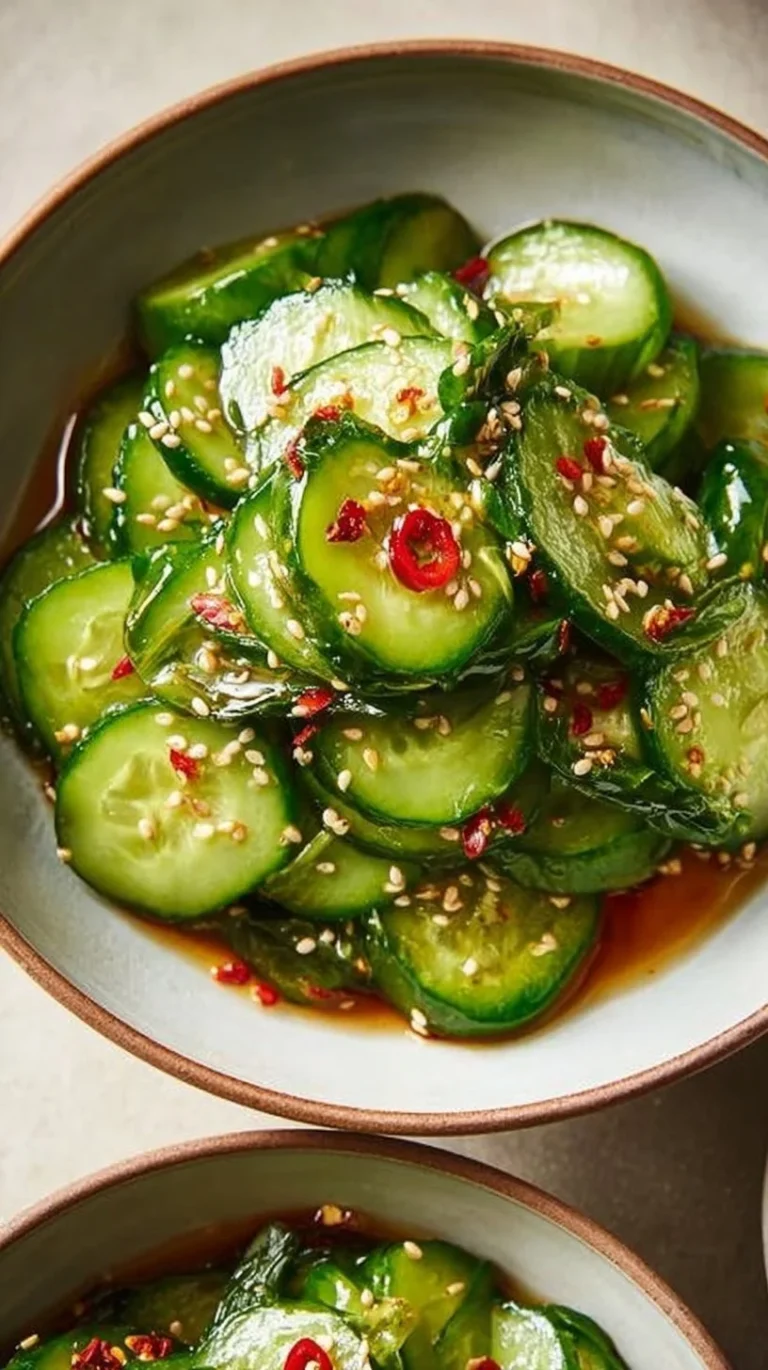 A bowl of refreshing Asian cucumber salad with vibrant vegetables and dressing