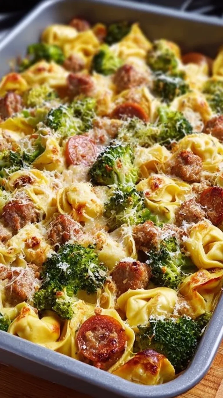 Sheet Pan Broccoli Tortellini Bake with melted cheese and fresh broccoli.