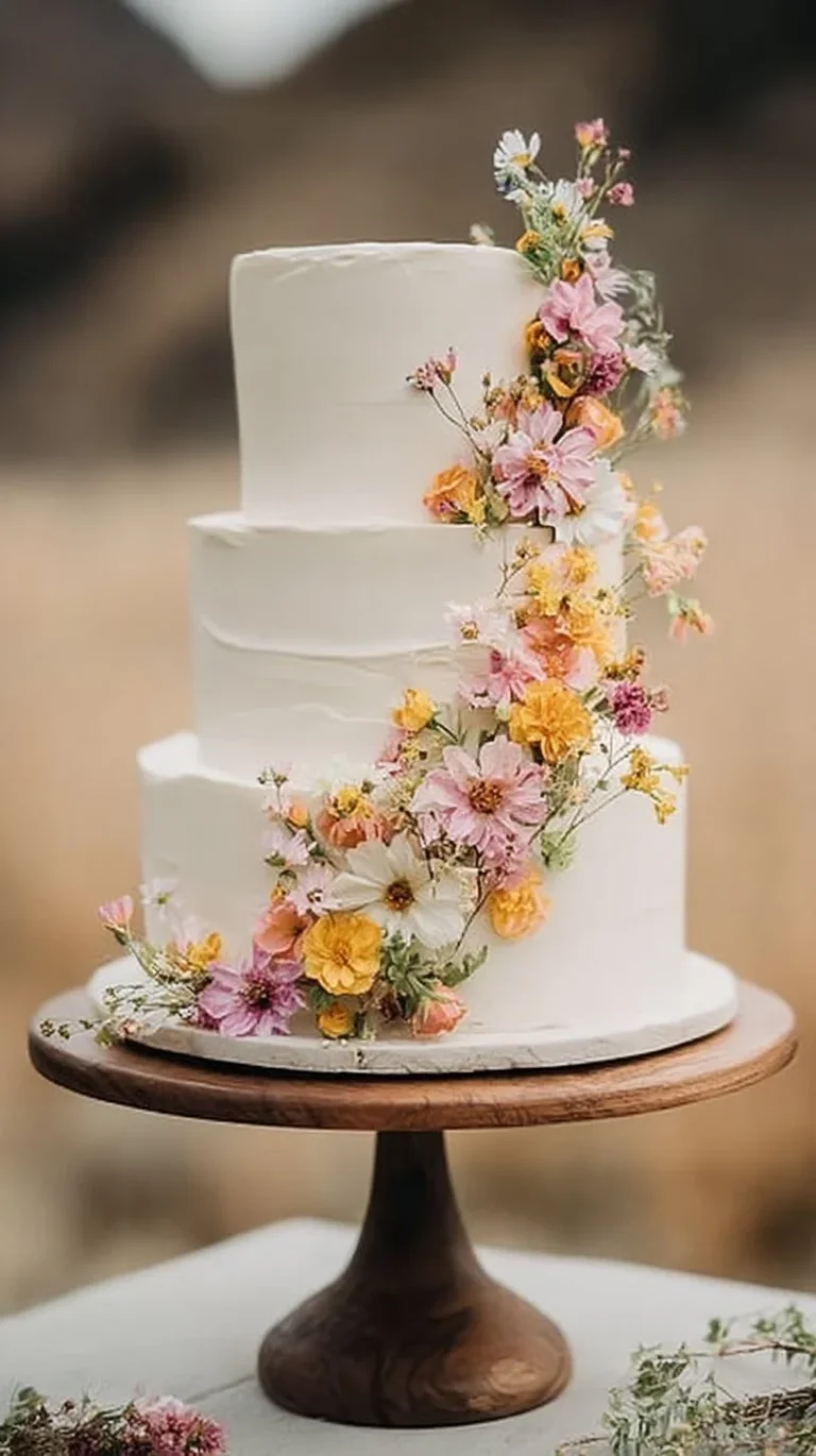 Delicious and beautifully decorated Spring Wedding Cake with floral accents.