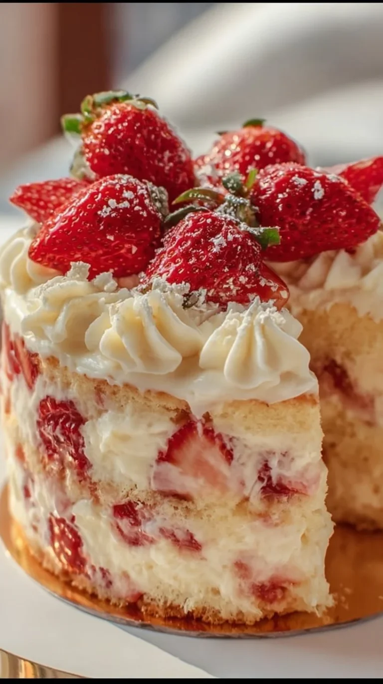 Slice of Strawberry Custard Delight Cake with fresh strawberries on top