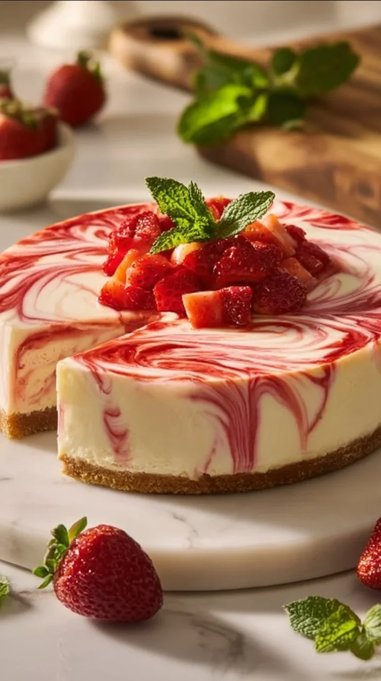 Delicious strawberry swirl cheesecake topped with fresh strawberries