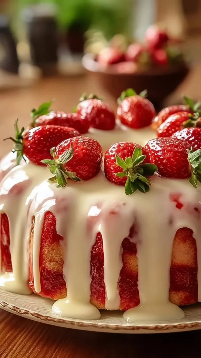 A slice of strawberry cream cheese pound cake topped with fresh strawberries