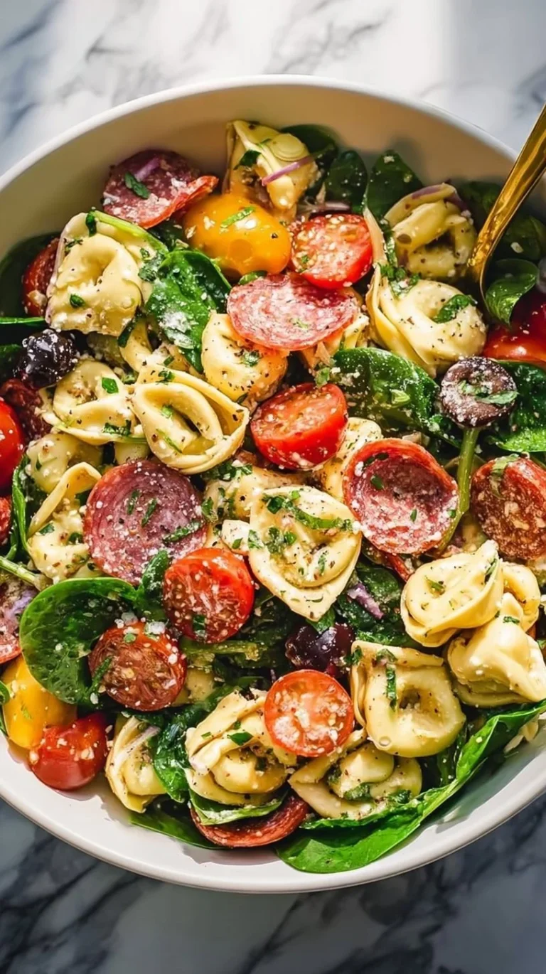 Delicious Tortellini Pasta Salad with colorful vegetables and dressing