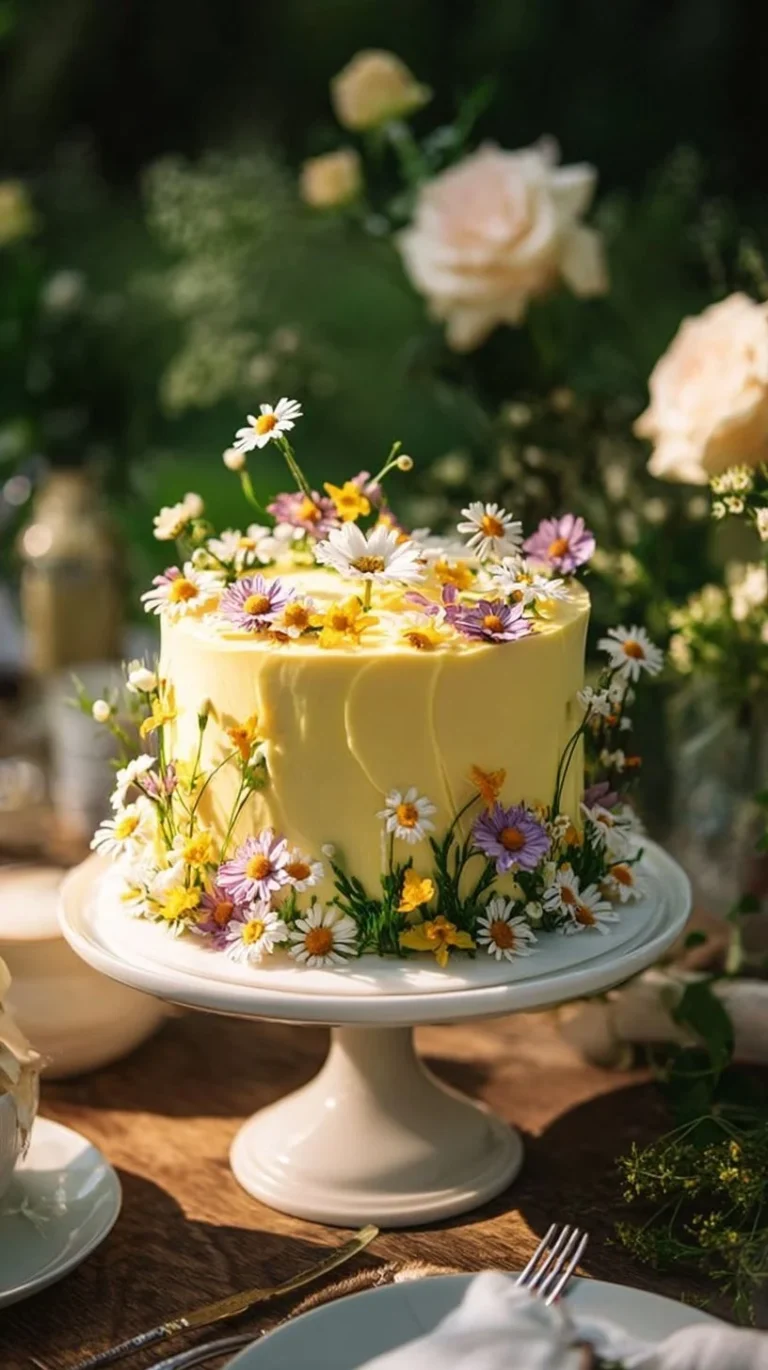 Whimsical sunshine yellow cake decorated with colorful frosting and sprinkles