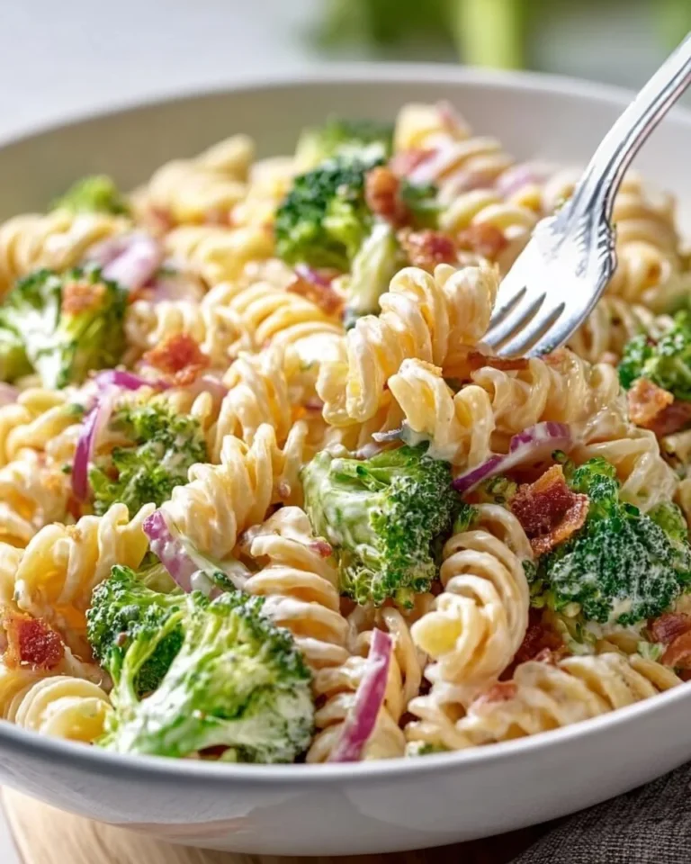 Delicious broccoli pasta salad with vibrant vegetables and dressing