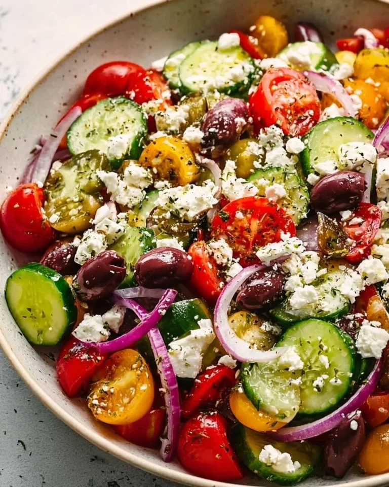 Freshly prepared Greek Salad with tomatoes, cucumbers, olives, and feta cheese