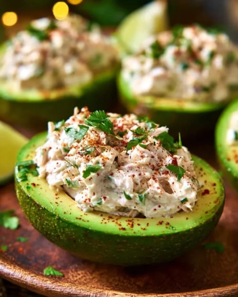 Delicious chicken salad stuffed avocado on a plate with fresh ingredients.