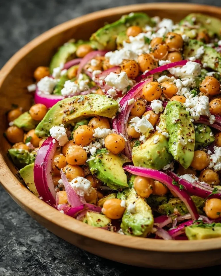 Chickpea Feta Avocado Salad with fresh vegetables and ingredients