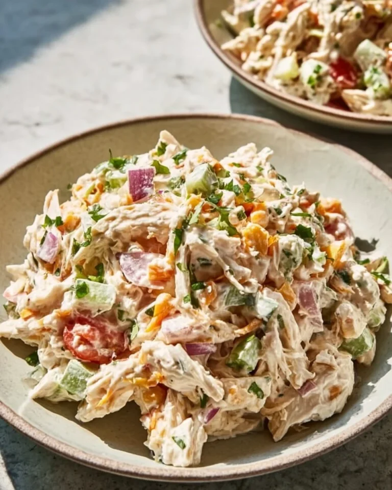 Delicious Cottage Cheese Chicken Salad in a bowl with fresh vegetables