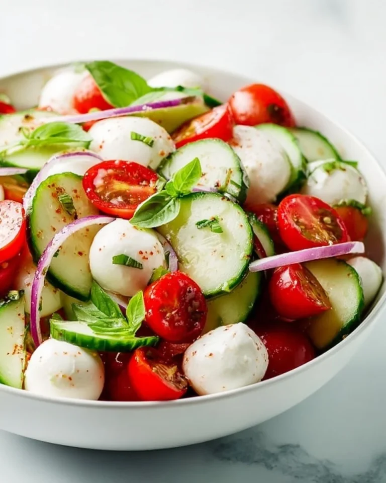 Juicy Cucumber Caprese Salad with mozzarella and tomatoes