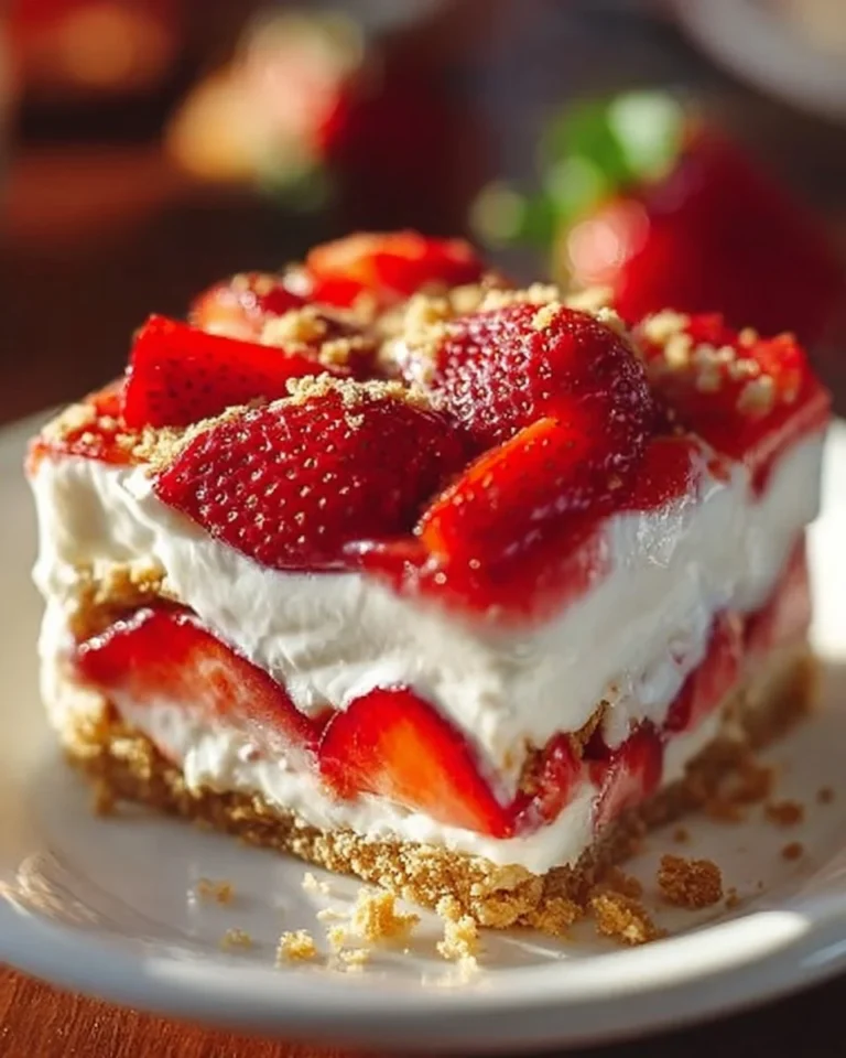 No-Bake Strawberry Cheesecake Lasagna dessert with fresh strawberries and creamy layers