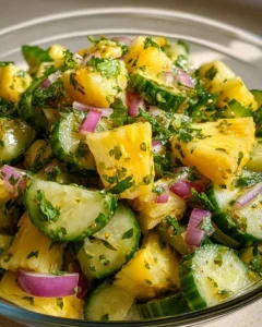 Colorful Pineapple Cucumber Salad with fresh ingredients in a bowl.