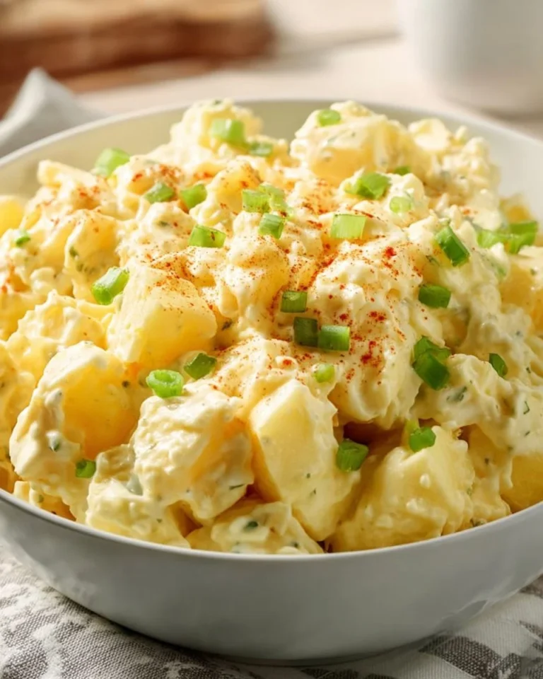 Delicious homemade potato salad in a bowl garnished with herbs