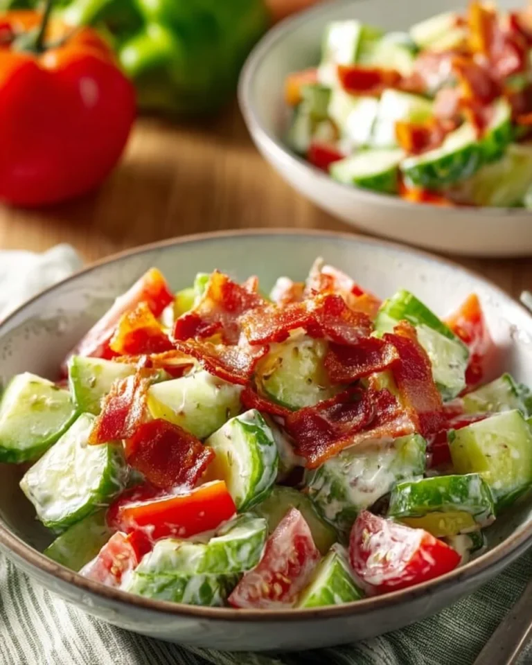 Savory cucumber salad with bacon and fresh ingredients.