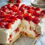 Delicious Strawberry Icebox Cake garnished with fresh strawberries on a plate