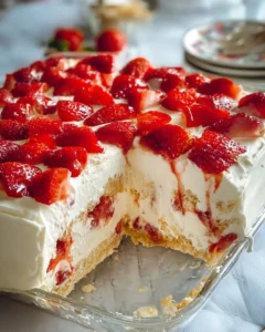 Delicious Strawberry Icebox Cake garnished with fresh strawberries on a plate