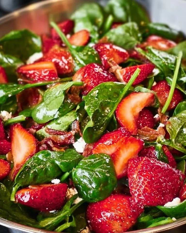 Freshly prepared Strawberry Spinach Salad with strawberries and greens