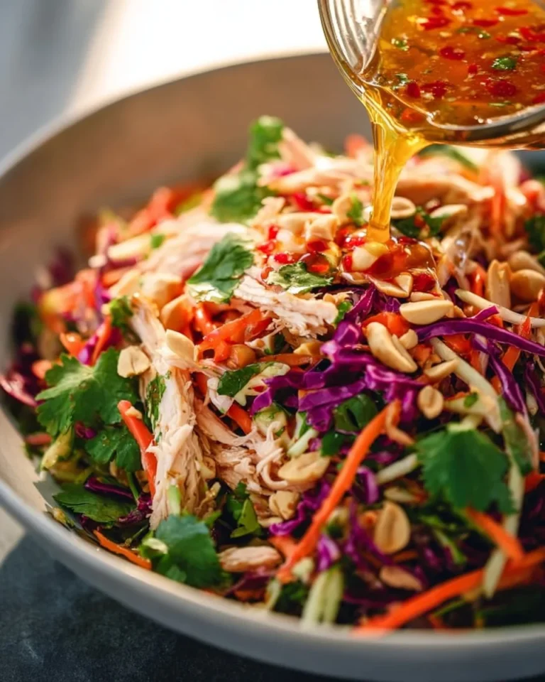 Bowl of Vietnamese Chicken Salad garnished with fresh herbs and vegetables