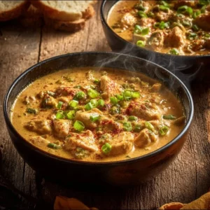 Delicious Chicken Étouffée served with rice, featuring vibrant vegetables and spices.