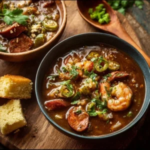 Bowl of authentic New Orleans gumbo with shrimp and sausage