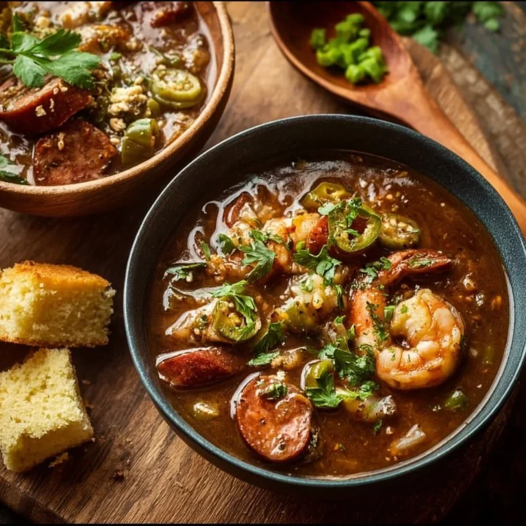 Bowl of authentic New Orleans gumbo with shrimp and sausage