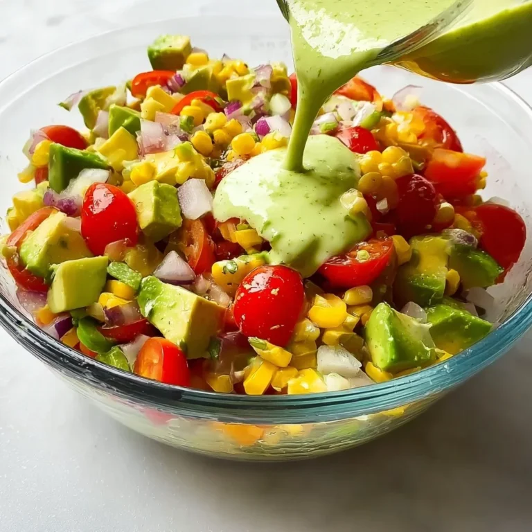 Avocado salad topped with lime cilantro dressing served in a bowl.