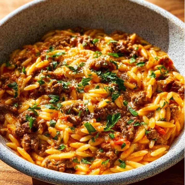 Beef Orzo with Tomato Cream Sauce served in a bowl with garnish