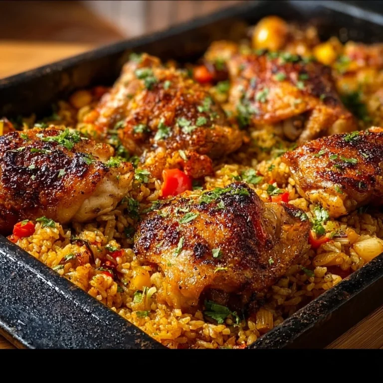 A vibrant plate of Caribbean Chicken and Rice garnished with fresh herbs.